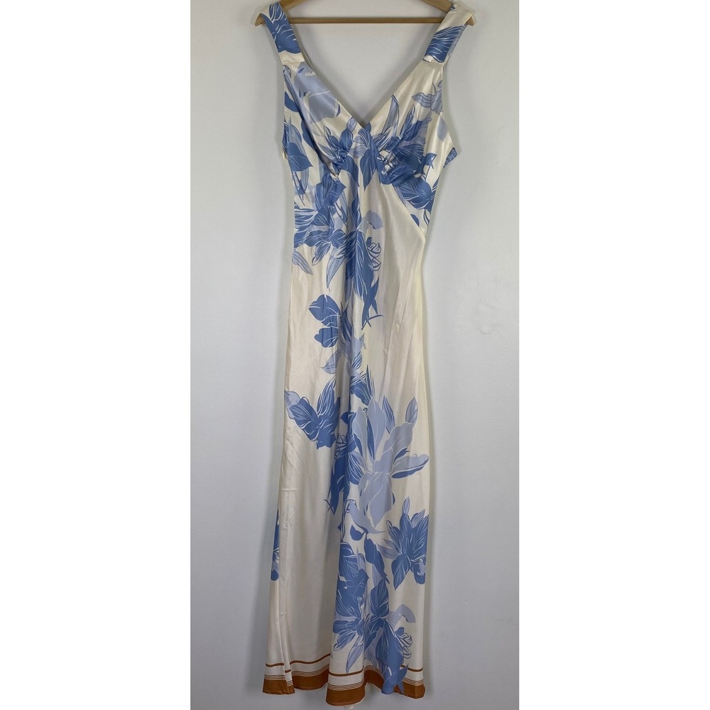 Petal & Pup Lizza Maxi Dress L Pale Blue Floral Print Satin Column Border Hem
